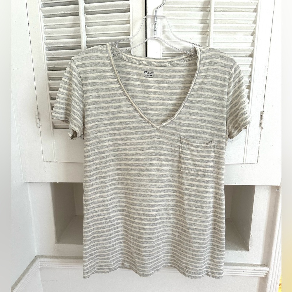 Madewell Gray Striped V-Neck Tee